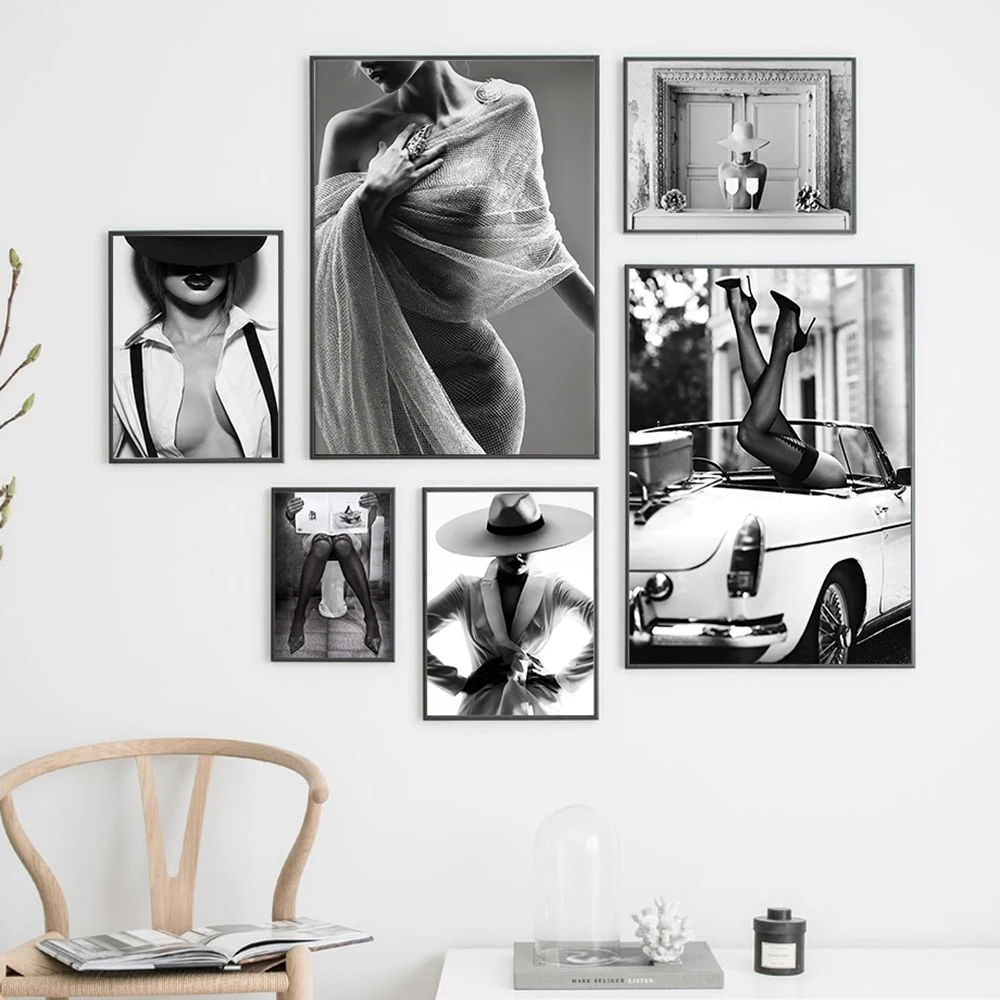 

Sexy Woman Canvas Decorative Painting Black and White Style Art Poster Car Beauty Decor Mural Home Wall Decoration Gift Prints