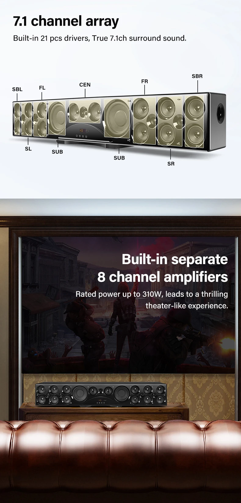 7.1ch Home Theater Sound Bar Speaker System with 310W Power Output Wireless BT M