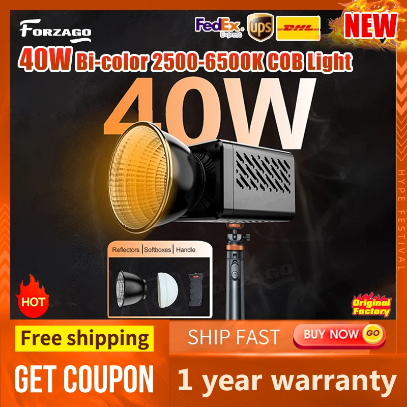 Forzago 이중 색상 2500 6500K COB 라이트 미니 보웬스 마운트, 사진 촬영용 비디오 라이트, 3400mAh, 40W