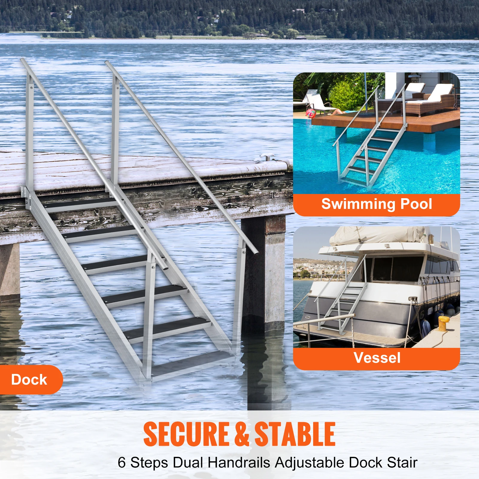 Aluminum Dock Ladder with Dual Handrails for Pool and Lake