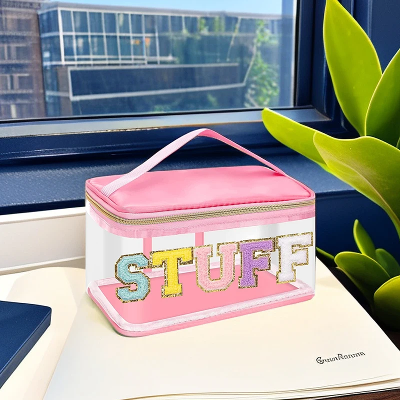 

Cosmetic Bag Embroidery Transparent PVC Waterproof Cloth Stickers Travel Creative Letters Patch Handheld Makeup Organizer