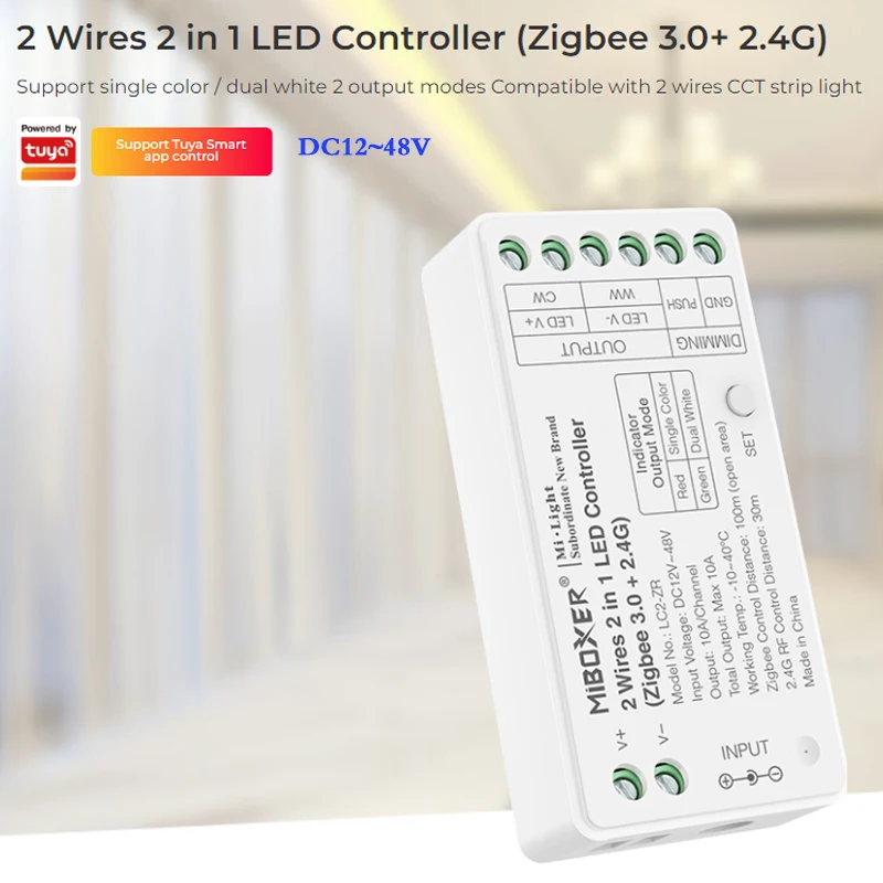 2 in 1 LED Controller Zigbee 3.0+2.4G Dimmer Support Brightness CCT Mode Compatible DC 12V 24V 48V 2 wire COB led strip lights