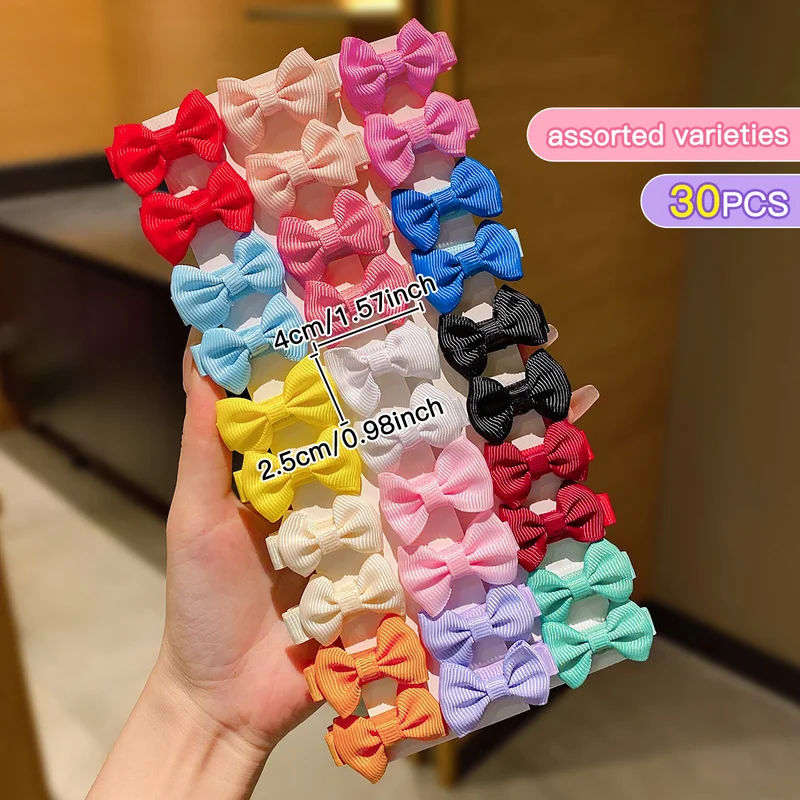 30 colored random bow fabric hair clips