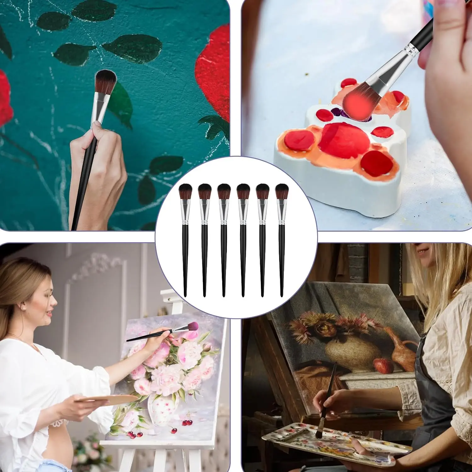 6pcs Mop Brush For Acrylic Painting 1 Inch Blending Brush Paint Brushes For Acrylic Face Body Painting Oval Mop Acrylic Brush 6