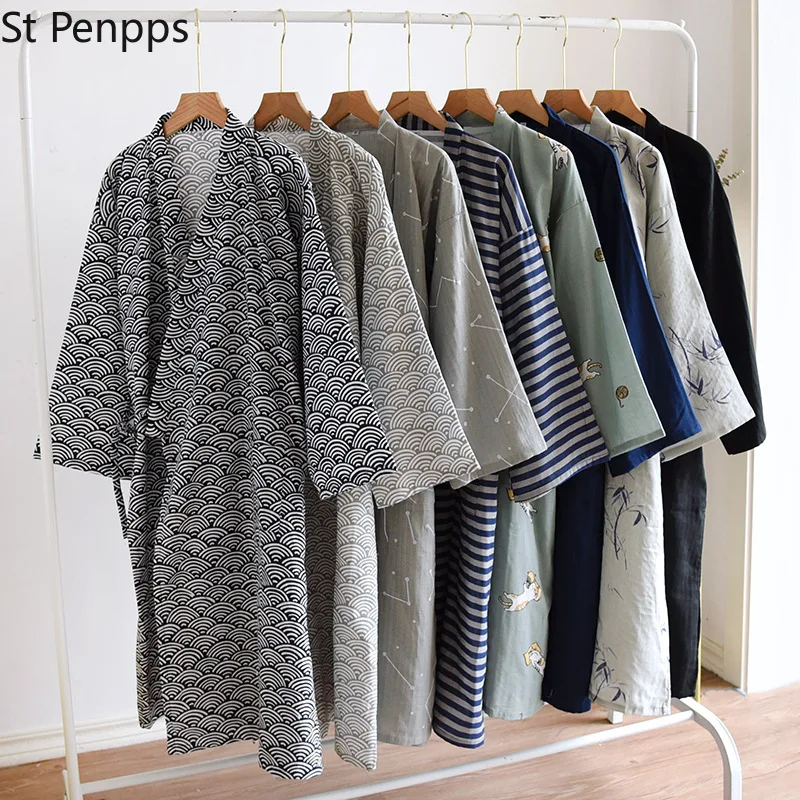 Мужская Хлопковая пижама тонкая ночная рубашка длинная японская - Цена: 967,63 руб.