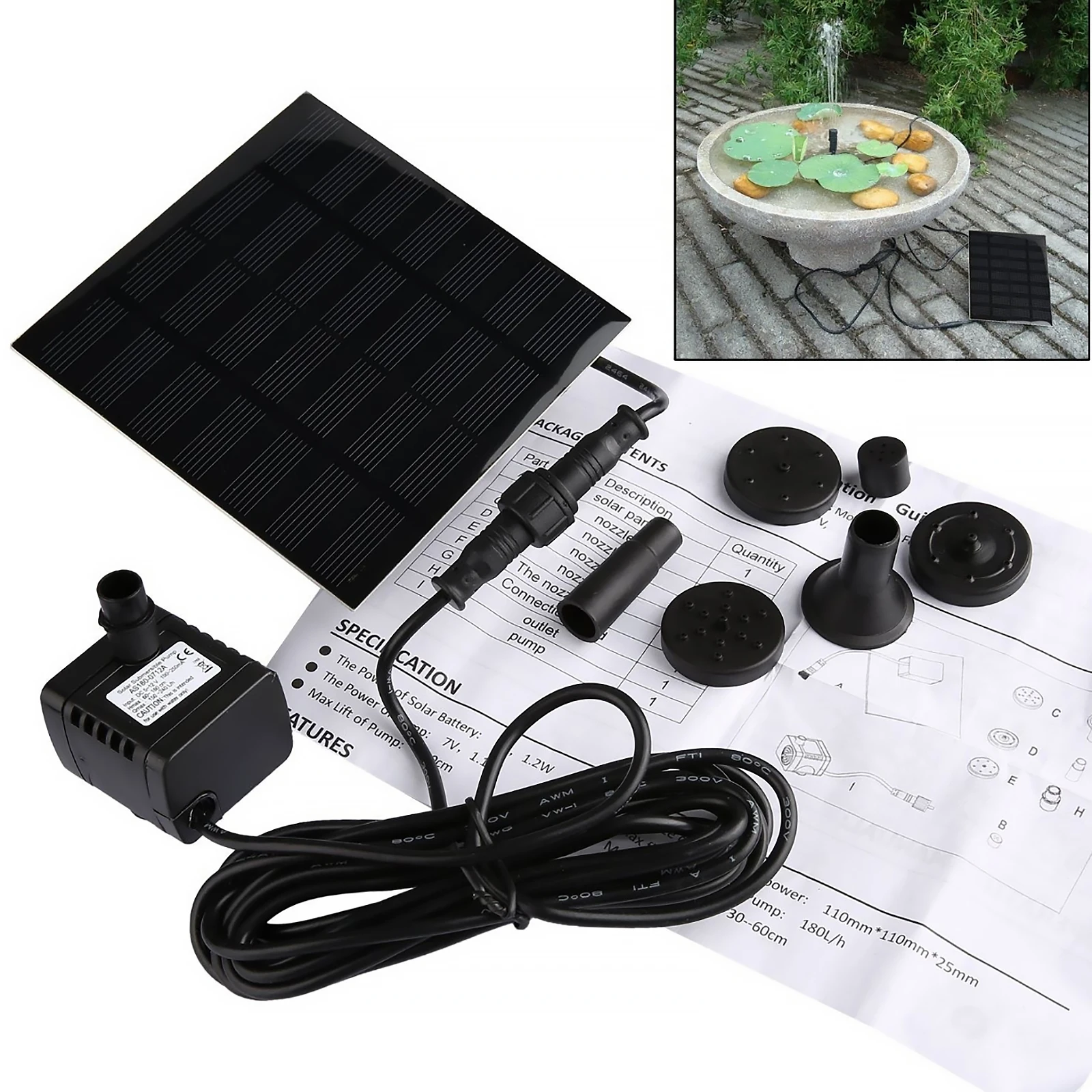 Solar Water Pond Pump Easy Installation with 6 Nozzles Water Pump Powered Panel Kit Decorative Props Portable for Outdoor Garden