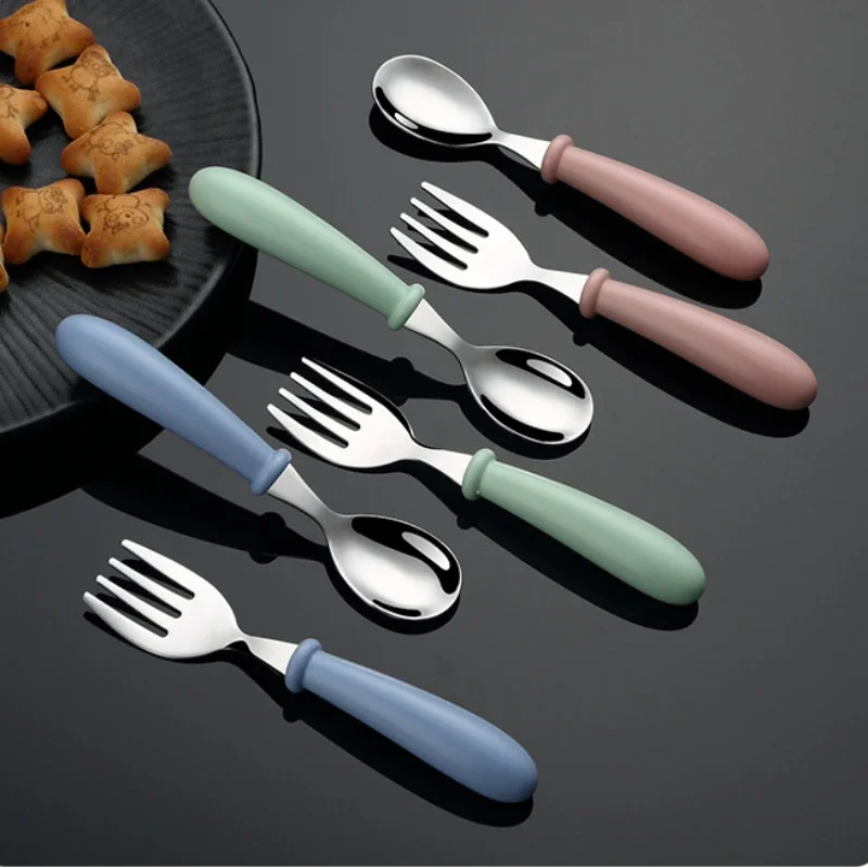 

Cartoon Stainless Steel Tableware Set Round Handle Spoon Fork Simple and Easy To Hold Children's Complementary Food Tools