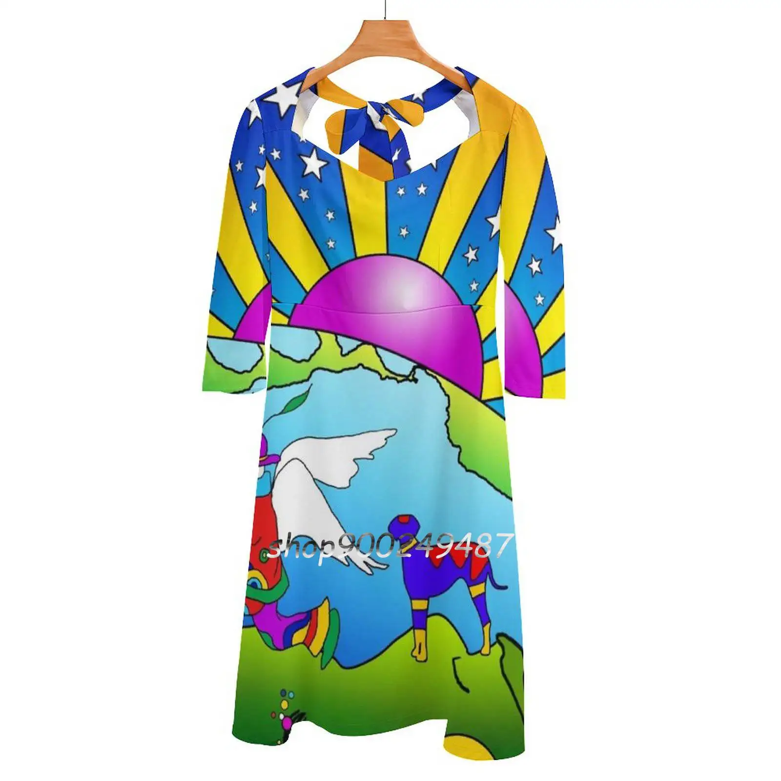 

Cosmic Pet World Flare Dress Square Neck Dress Elegant Female Fashion Printed Dress 2012 Peter Max 1960S Hippies Sun Rays Stars