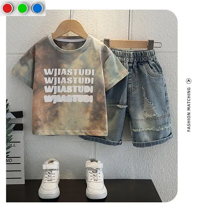 

Teens Kids Boys Summer Junior Boys Casual Clothes Suits Short Sleeve Tops+ Denim Shorts 2Pcs New Trendy Handsome Baby Outfit Set