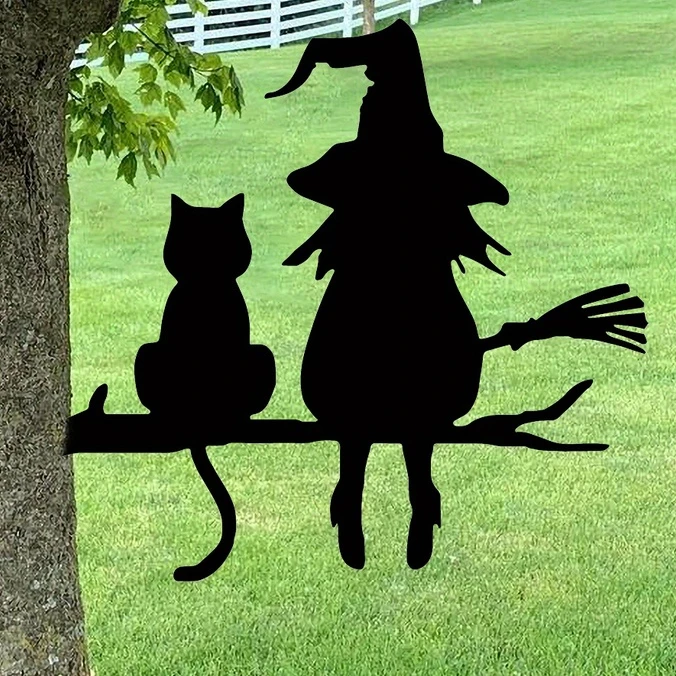 

1pc Silhouette Cute Witch And Cat Garden Stake On The Branch Yard Art Decor, Tree Stump Plug-in, For Garden Lawn Courtyard Gift