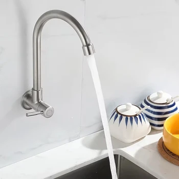 Rubinetto da cucina Rubinetto singolo per acqua fredda a parete in acciaio inossidabile Rubinetto per curva inferiore Rubinetto per acqua per lavello a parete Qualità premium 1