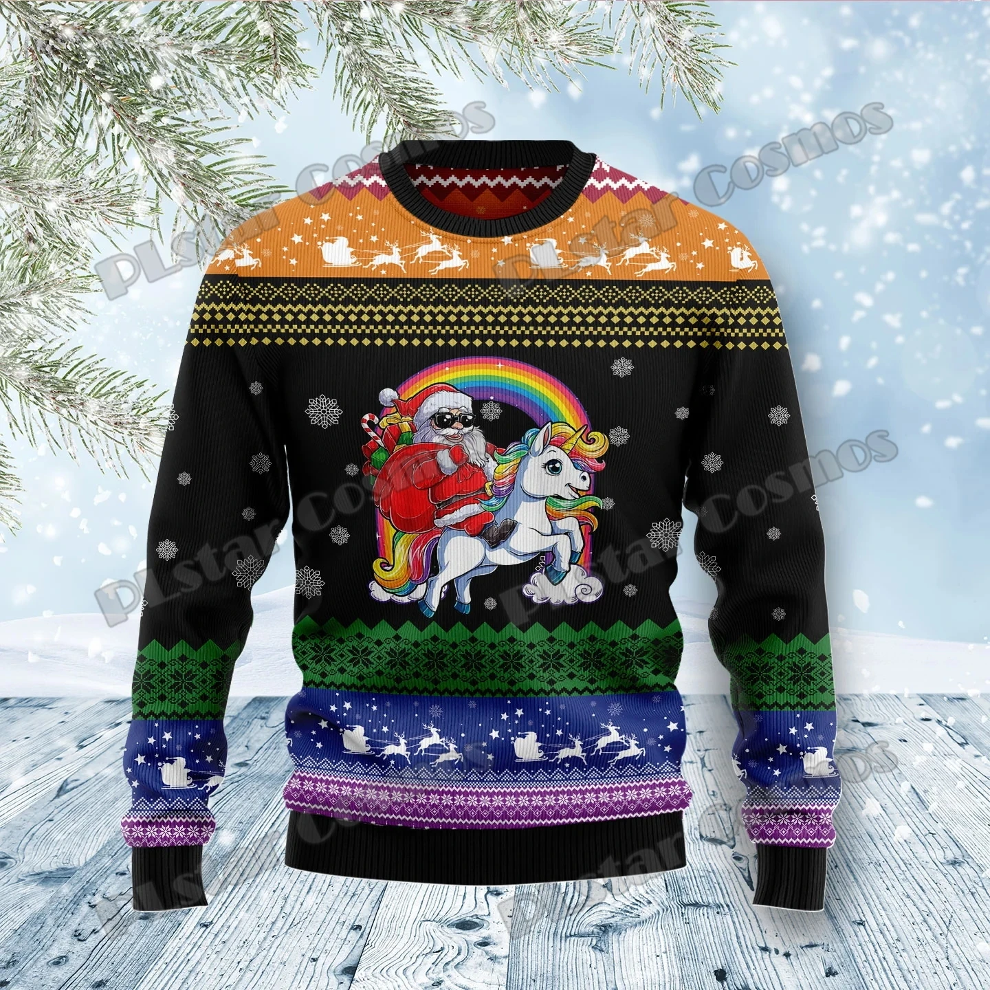 PLstar Cosmos Christmas Tree Unicorn 3D Printed Men's Ugly Christmas Sweater Winter Unisex Casual Knit Pullover Sweater ZZM33