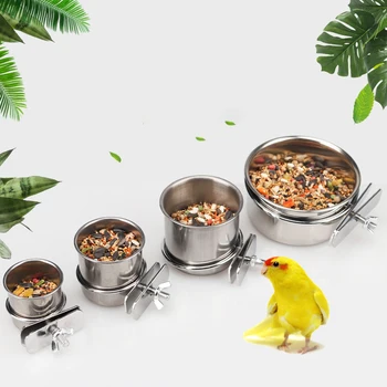 1PC Parrot Feeding Bowl With Clamp Holder Stainless Steel Pet Birds Food Dish Parrots Cage Accessories Drinking Feeder