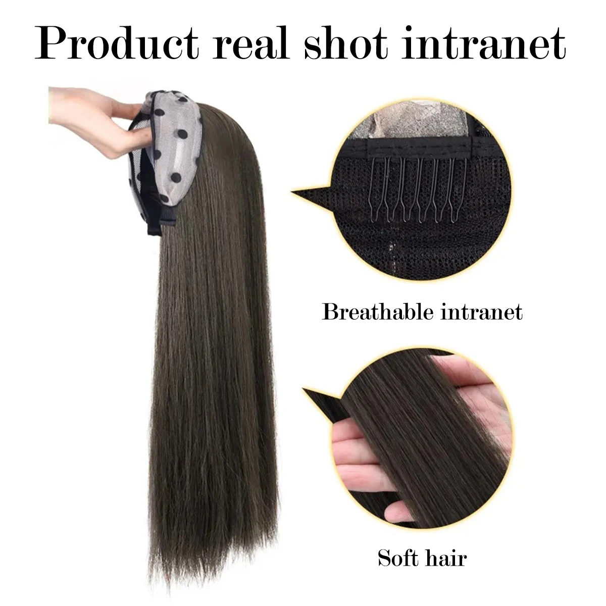 Long straight hair synthetic Hoop headband hair extension piece 24-inch women's accessories black brown heat-resistant hairpiece