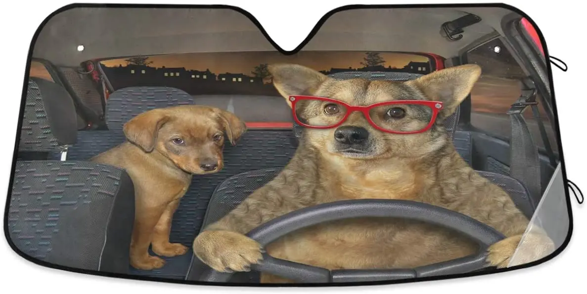 

Oarencol Fun Two Dog Driving Car Windshield Sun Shade Foldable UV Ray Sun Visor Protector Sunshade to Keep Your Vehicle Cool