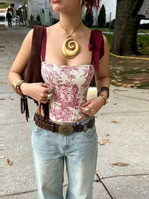 Haut Corset Sexy Femme Style Français Vintage Imprimé Floral avec Bretelles Nœud Papillon Col Carré Ajusté Rouge et Blanc Coupe Courte Tenue de Soirée Automne 2026 1