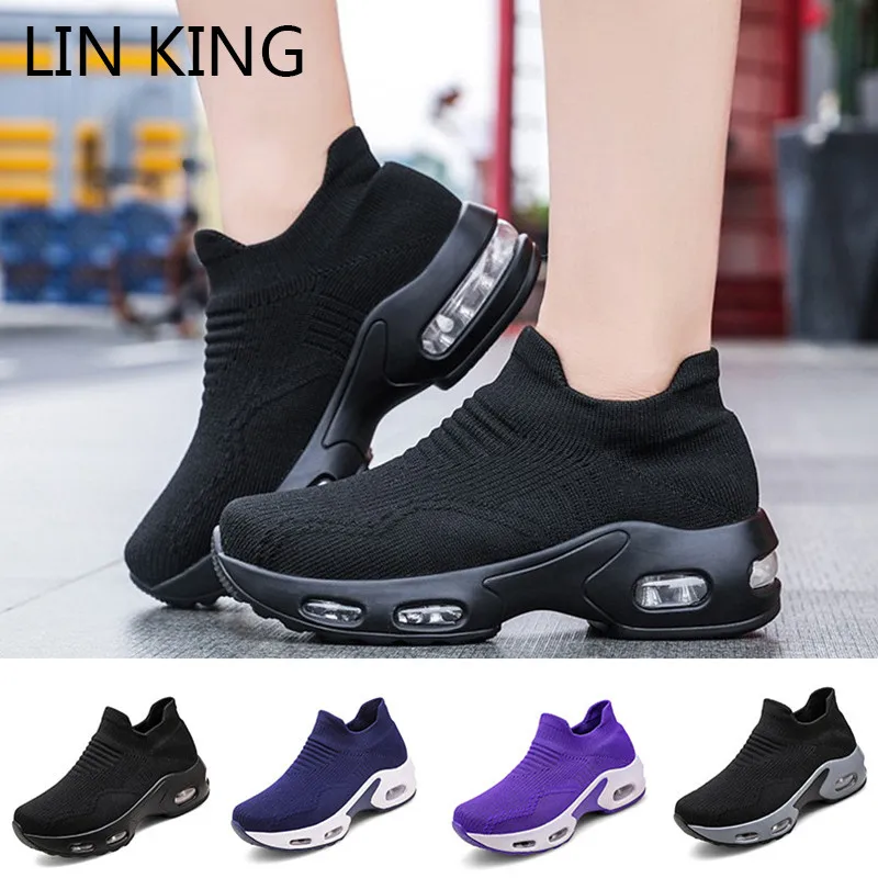 Ademend Gebreide Vrouwen Sokken Schoenen Vrouwelijke Sneakers Casual  Elastische Wig Platform Schoenen Slip Op Chunky Sneakers Big Size 35  43|Sneakers voor vrouwen| - AliExpress