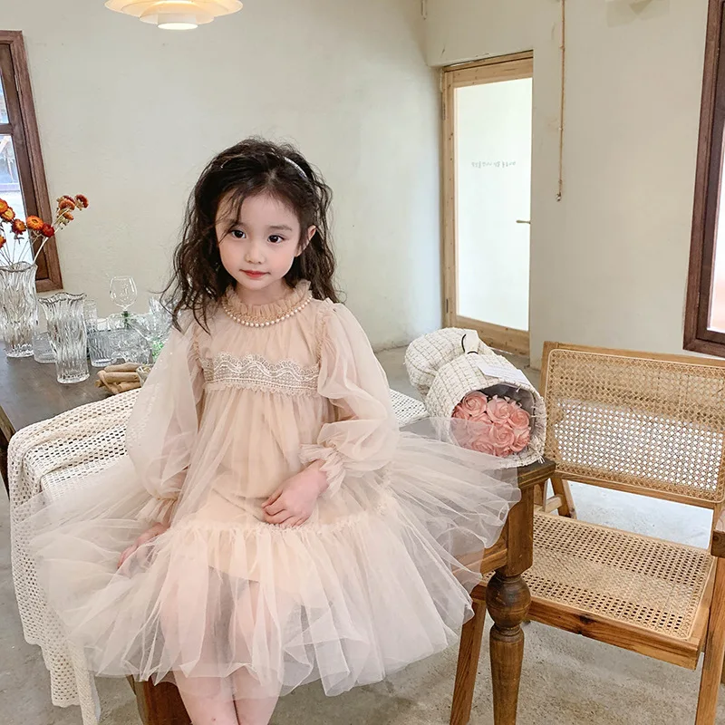 Girls' Spring and Autumn Dress2024New Children's Baby Girl Western Style Lace Splicing Puffy Gauze Princess Dress 4