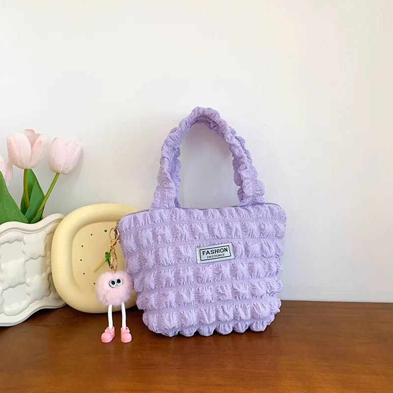 Bubble Flower Handbag for Women's New Little Fresh Girl Checkered Luxury Brand Handbag with Folded Shopping Top-Handle Bag