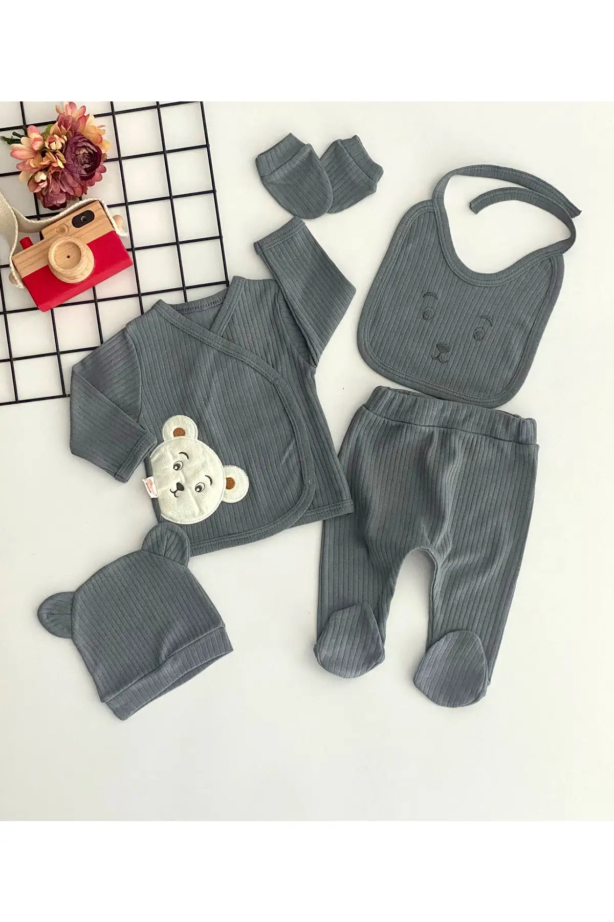 

Jadded Dolls Organic Fabric Bear Embroidery Pattern 5 Piece Hospital Exit Set Gray Cotton Exits Baby