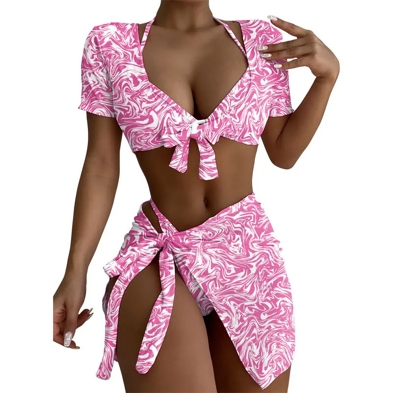 Women's Swimsuit 2022 Summer New Bikini Sexy Holiday Style Split 4-piece Printing Quick Dry Lady Swimwear Short Sleeve Cover Up