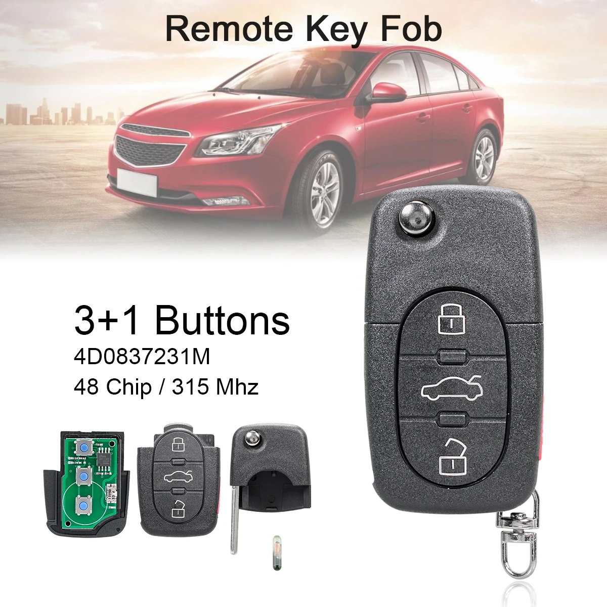 315Mhz Keyless entry system 3+1Buttons Car Remote Key with ID48 Chip 4D0837231M Replacement for Audi- A4 S4 A6 A8 TT 1997-2005