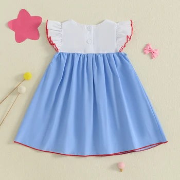 Girls Patriotic Dress American Flag Embroidered Round Neck Flutter Sleeve Casual Dress Children s Summer Outfit for 5