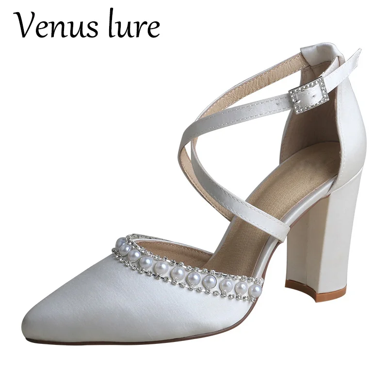 

Venus lure Square Heel Wedding Shoes Pointed Toe Bride Thick Heel Ivory Satin Pumps 9CM