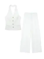 HH Women 2 Piece Set Halter Neck Single-Breasted Pocket Sleeveless Halter Vest Tops+High Waist Zipper Pockets Wide Leg Pant - Image 4
