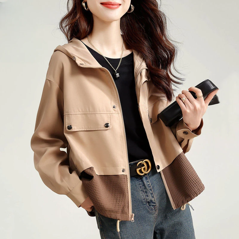 

Женская куртка с капюшоном, Повседневная Свободная куртка контрастных цветов с длинным рукавом, Y357, весна-осень 2023