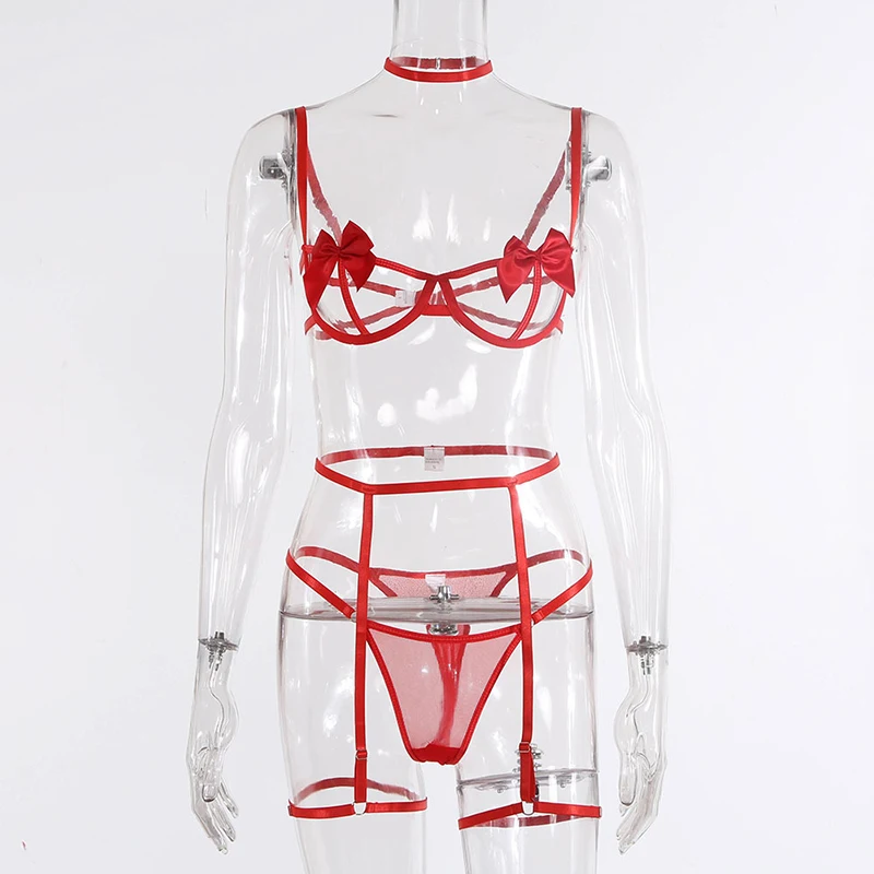 Santa Babydoll Lace Open Bra And Panty Bow Perspective Erotic Costumes Underwear Dress Porn Sexy Lingerie Set For Women Garter
