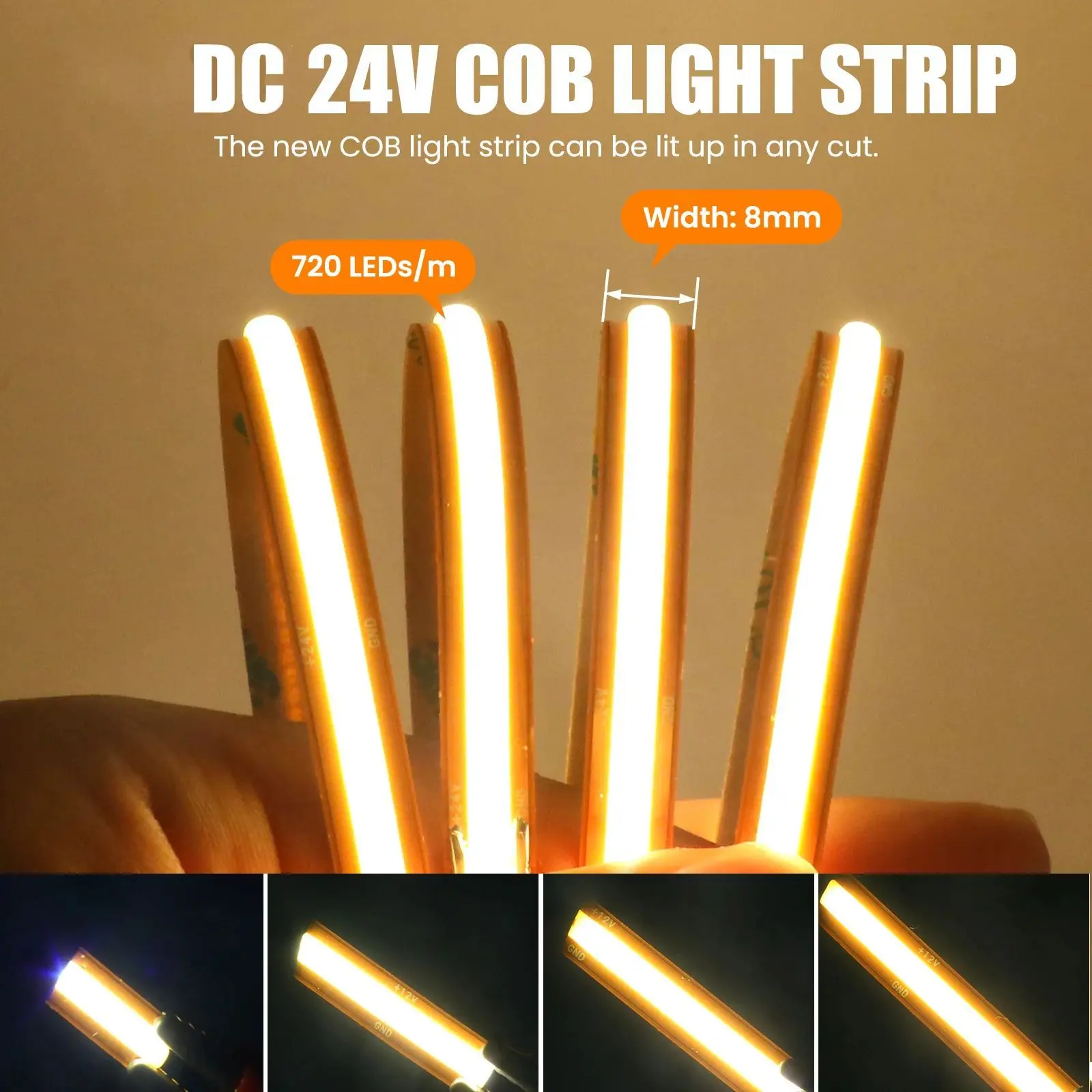 5m 10m 24v 고휘도 구리 슬림 COB LED 스트립 컷프리 16w/m 3000k 자연광 4000k 6000k 캐비닛 간판 로고 광고 홈 조명