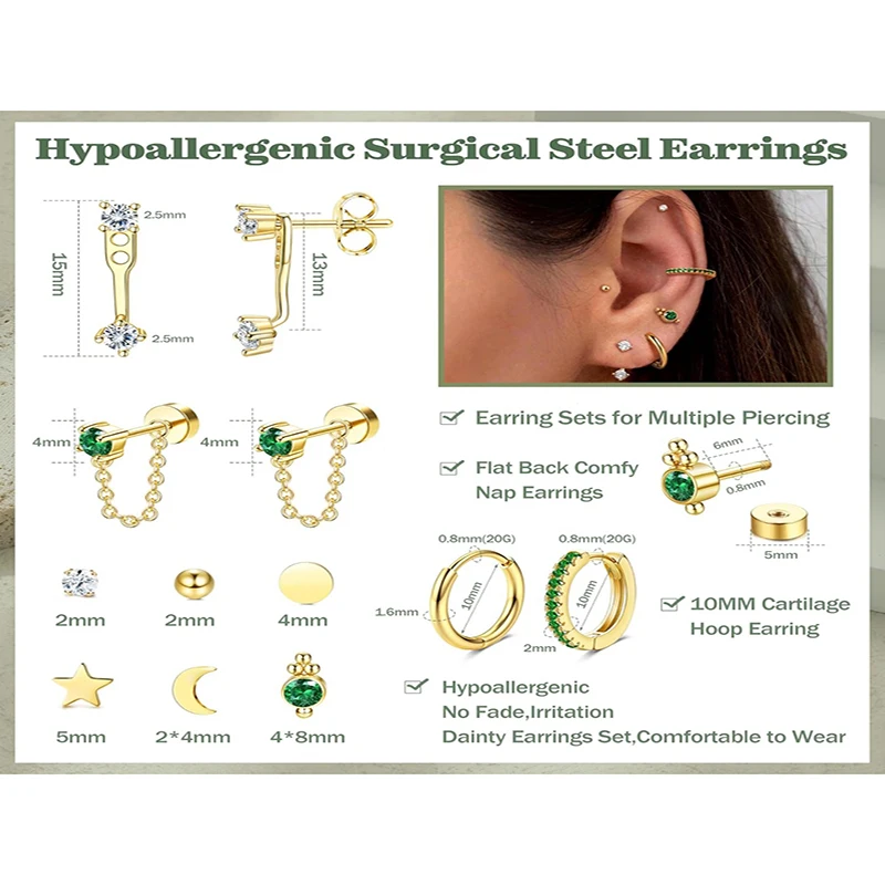 Stud Earrings for Women 2Pcs Stainless Steel Flat Back