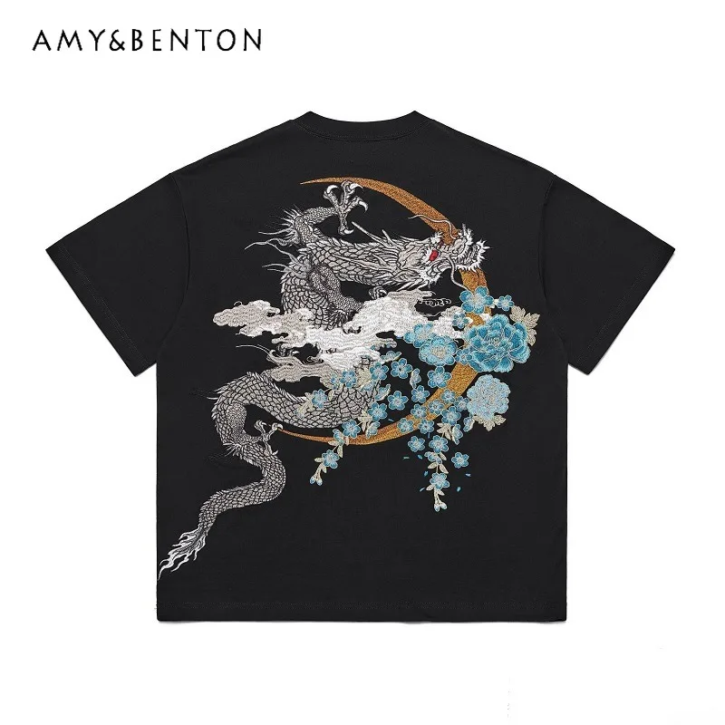 

2024 Summer New Dragon Embroidery Men's Short-Sleeved T-shirt Loose Round Neck National Fashion Heavy Embroidery Summer Pullover