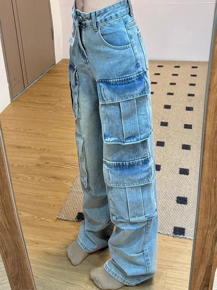 Multi-Pocket Jeans for Women Casual High Waist Cargo Style