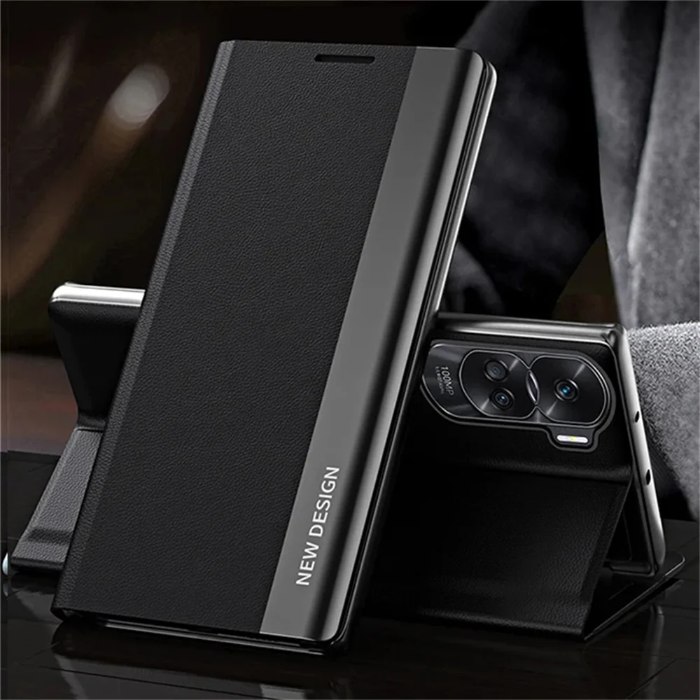Premium Plating Flip Phone Case with Shockproof Stand and Leather Back Cover