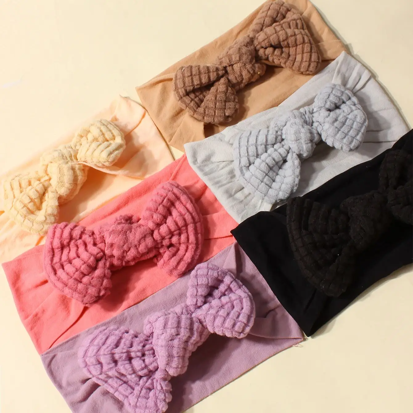 6색 세트 봄 신상  단색 리본 나일론 헤어밴드, 부드럽고 편안한 어린이용 헤어 스카프