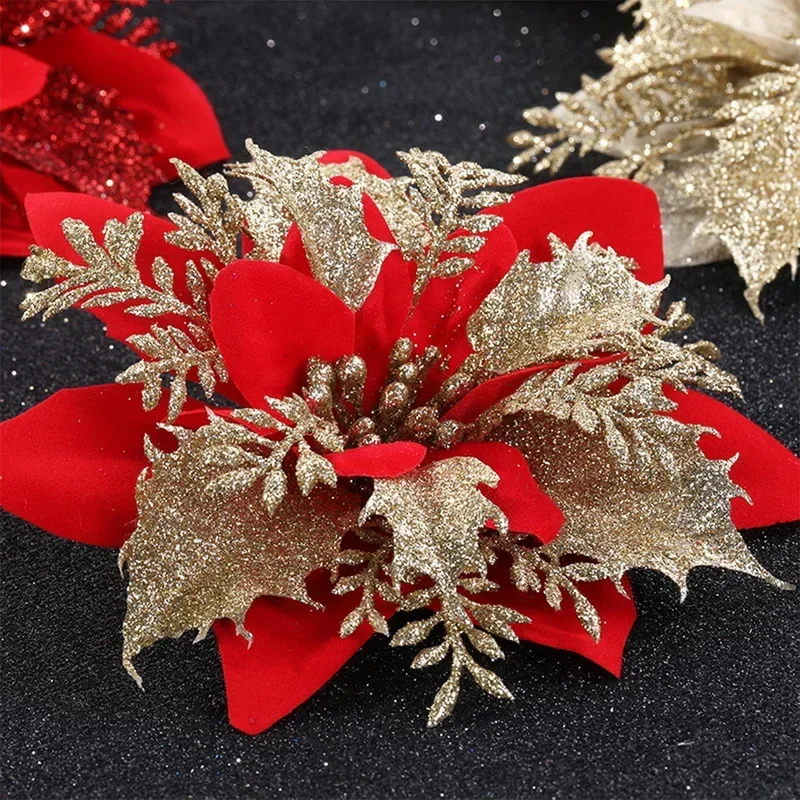 5PCS Glitter Artificial Christmas Flower Red Rose Head Flower Christmas Tree Decoration Home Wedding Party DIY Accessories