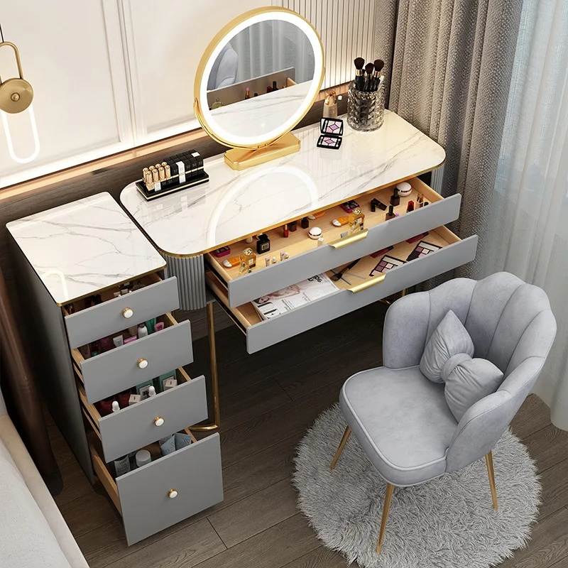 

Nordic Modern Minimalist Bedroom Furniture Dresser with LED Mirror Light Luxury Makeup Tables with Drawer Vanity Dressing Table