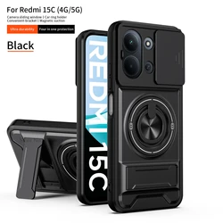 Dual - Size Shockproof Phone Case with Slide Lens Protector and Ring Holder for Redmi 15C 173.2mm (Black)