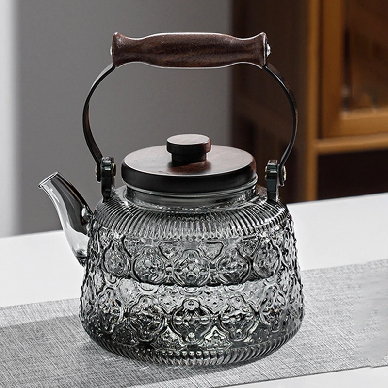 Wooden Handle Glass Teapot Portable High Borosilicate Tea Kettle with Infuser Coffee Tea Pot Kitchen Flower Teapot Teaware