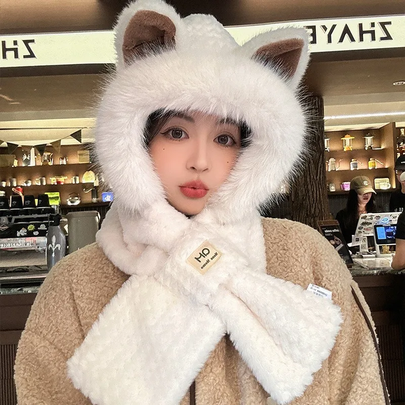 Fox Ear Hat Scarf One Piece Women's Winter Cute Plush Furry Animal Set with Neck Connection Two Piece