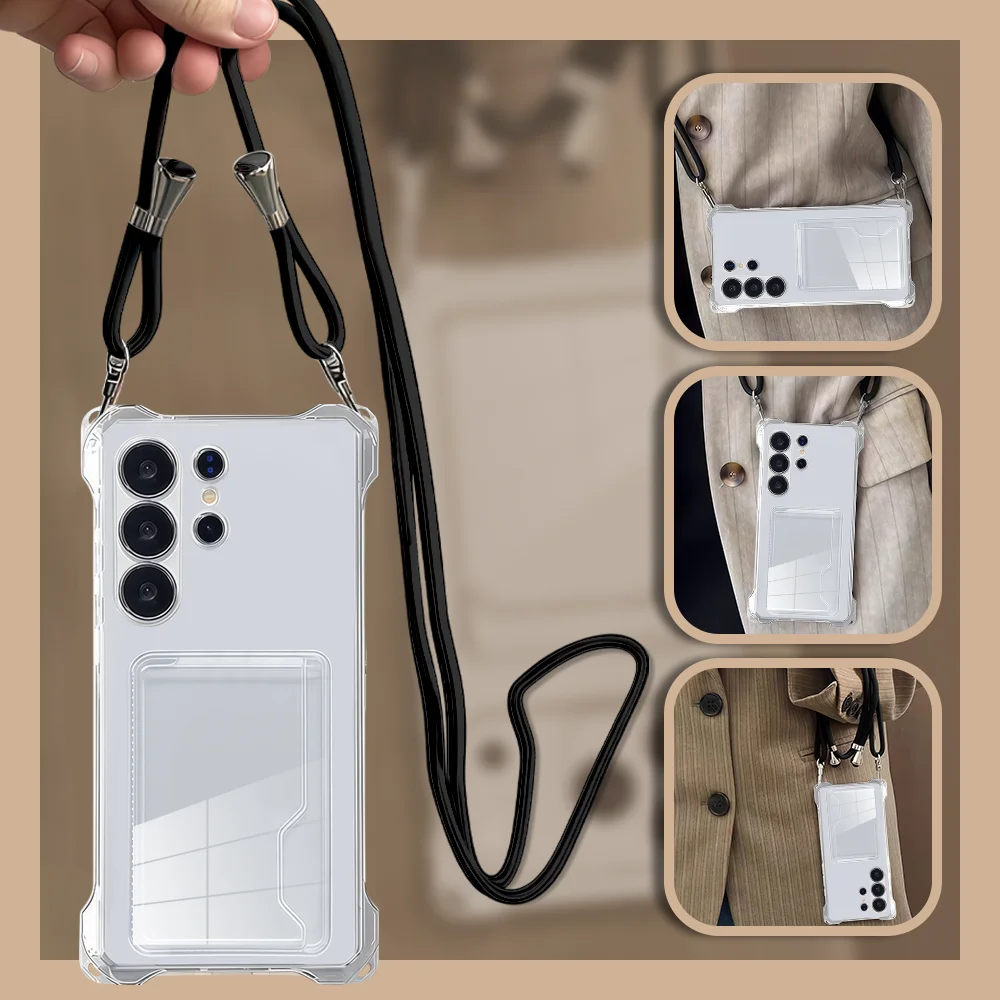 Adjustable Crossbody Lanyard Phone Case with ID Card Slot and Clear Silicone Cover