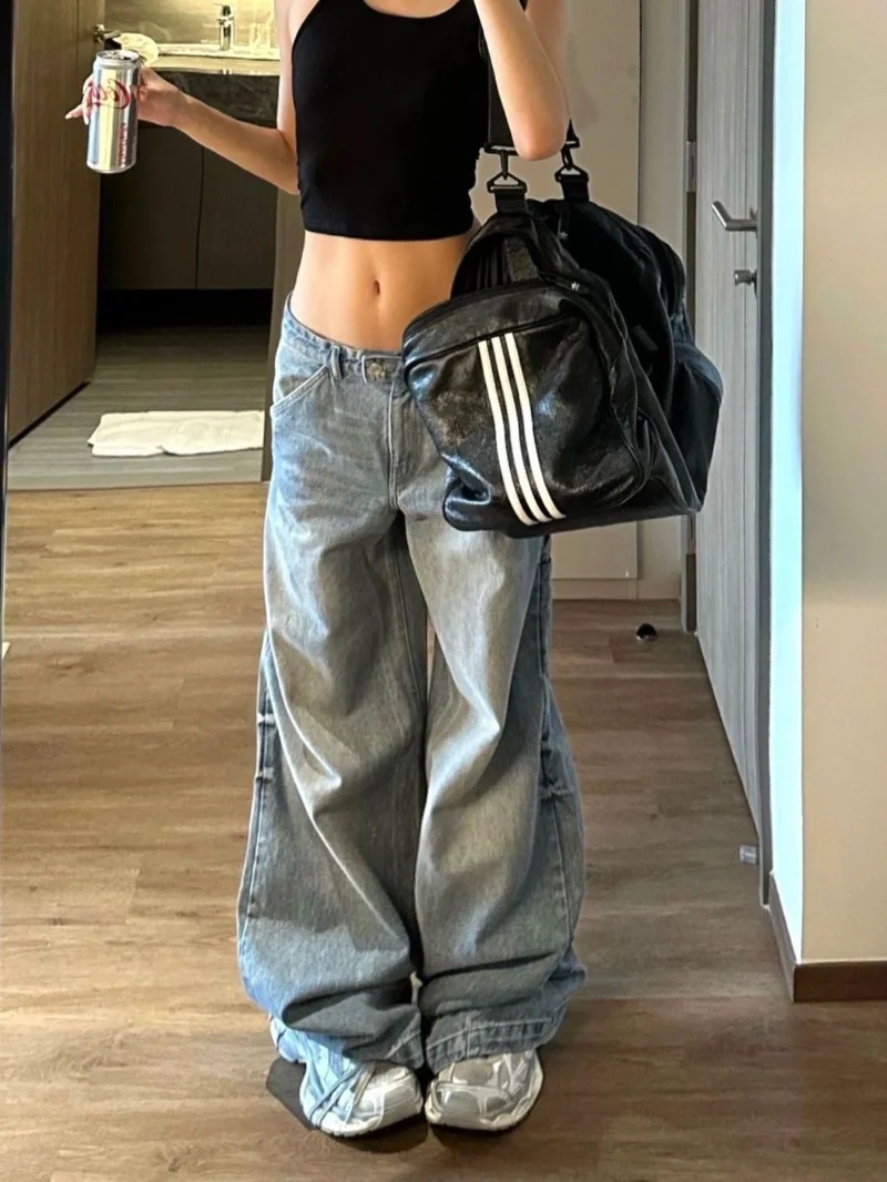

Vintage High Street Style Waist Blue Straight Jeans Pants Korean Fashion Women's Wide Leg Baggy Y2K Denim Trouser