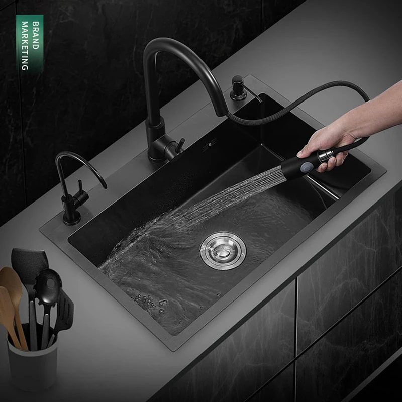 Kitchen Sink Black Nano-Sink Single-Slot Household Hand-Washing Basin Kitchen Large 304 Stainless Steel Sink Bowl Kitchen Sink