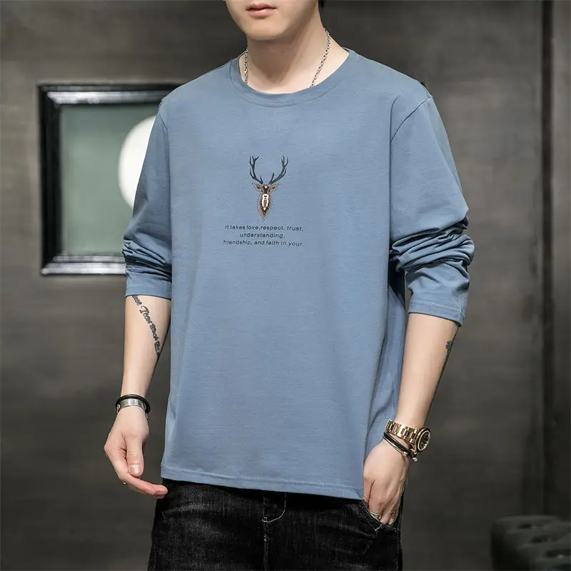 Real Men'S Long Sleeve T-Shirt Autumn New 2021 Loose Print Round Neck Sweater Men Joker Casual Bottoming Shirt