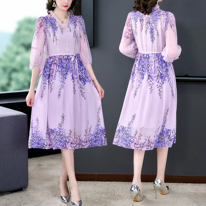 

Embroidered Dress Women's Mid-Length Spring/Summer 2023 Fashion Large Size V-Neck 3/4 Sleeve Korean Dress Elegant Clothes Z419