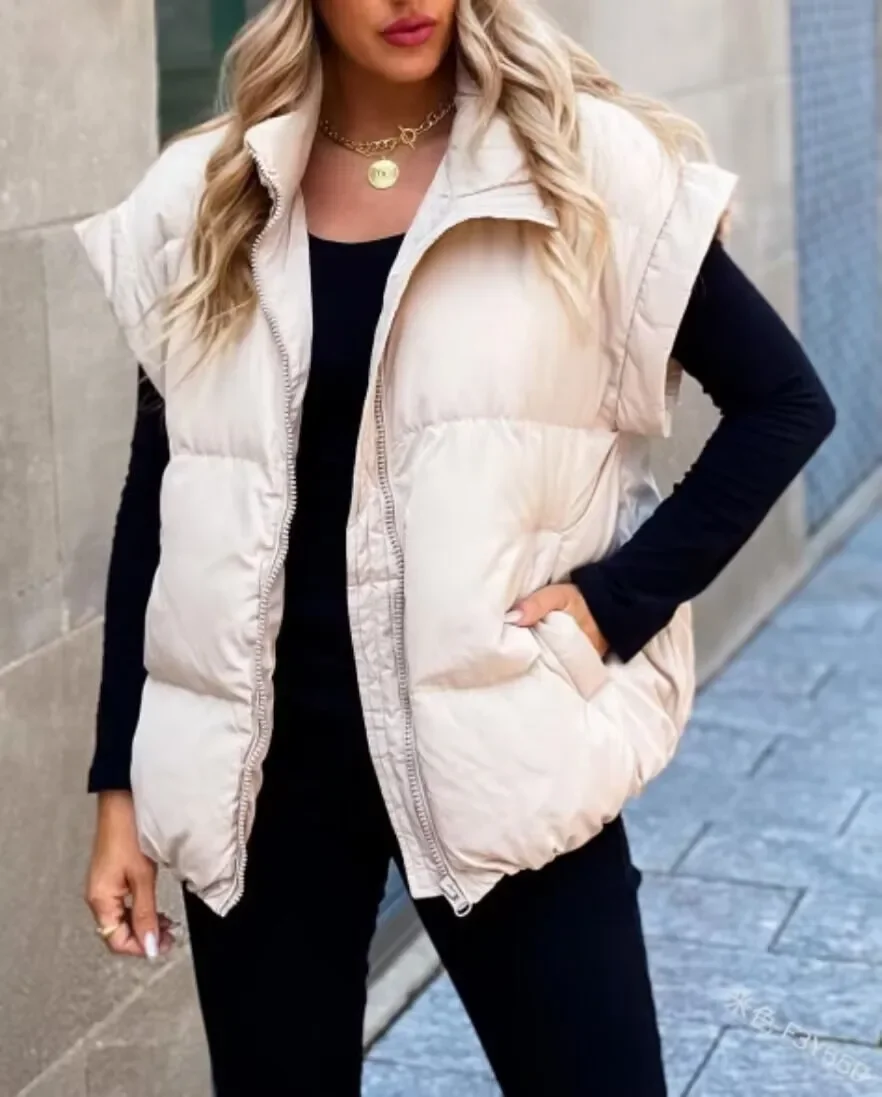 2023 Turtleneck Loose Tank Coat Zipper Fashion Pocket Warm Women Cotton Vest Jacket Casual Commuter Autumn Winter Coat