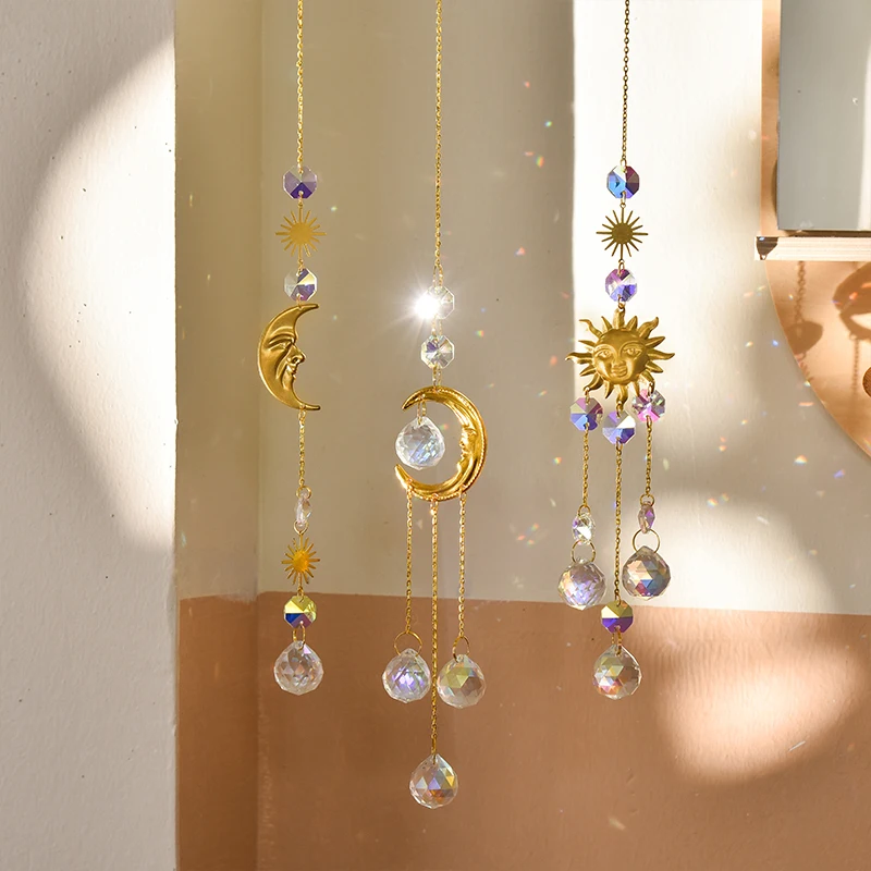 Gold crystal glass pendant star moon prism ball window pendant home lighting living room decoration wind chime garden light catc