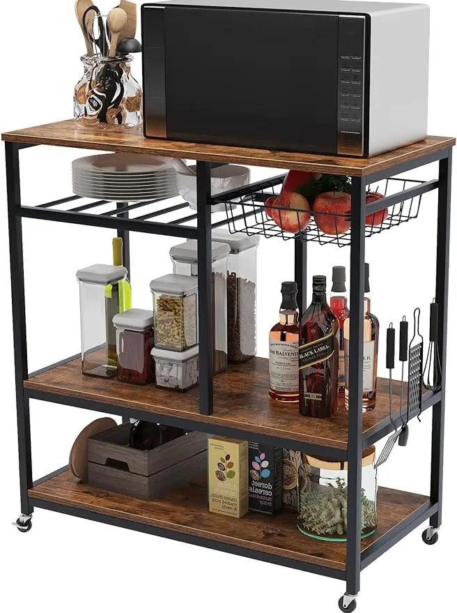 

3-Tier Kitchen Baker's Rack Utility Shelf, Microwave Stand with Storage and Drawer Storage Cart Workstation Shelf